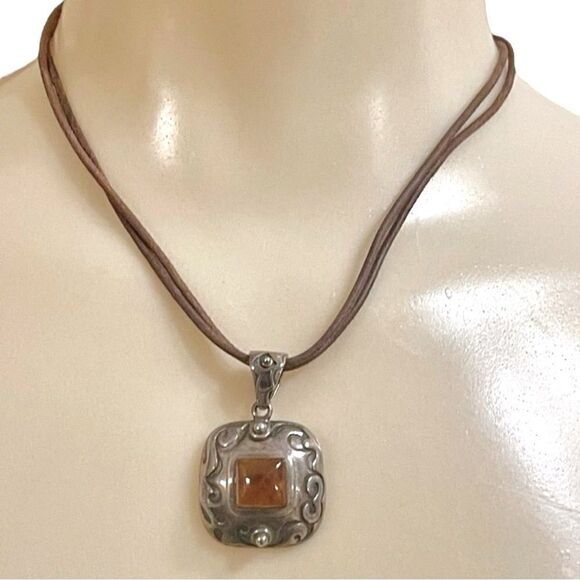 Retired Silpada Square Natural Amber Sterling Silver Slide Silpada Leather Cord - Picture 1 of 16